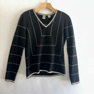 Cashmere Pull Over V Neck Striped Sweater by Cullen Gray Cream and Black Size Sm